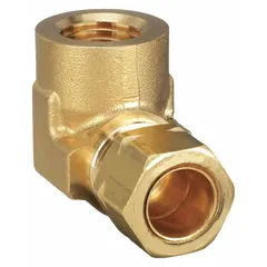 This self-aligning brass compression fitting connects 3/8 in OD tubing to 1/4 in FNPTF threaded pipe. Supplied in a 10-pack, it is used for tube-to-pipe connections in fluid systems requiring a 90° elbow configuration.