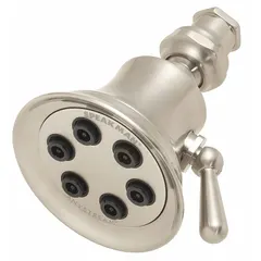 Fixed showerhead from the Retro S-2254 series, constructed of brass with a multi-pattern combo spray. Flow rate is 2.5 gpm. Suitable for commercial or industrial washroom installations requiring a durable, water-efficient showerhead.