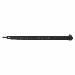 Plastic strap seal with 7-inch length and 3/8-inch width, breaking strength of 60 lb. Laser-marked in black with sequential numbering and 'Sealed' message. Supplied in packs of 1,000. Used for tamper-evident sealing of containers, meters, and equipment.
