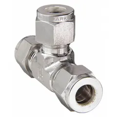 This PARKER compression tee fitting is made of stainless steel with double-ferrule design for leak-tight connections in tubing systems. It accommodates 1/2 in OD tubing on all three branches and is compatible with Parker A-LOK brand fittings. Commonly used in instrumentation, hydraulic, and pneumatic applications requiring corrosion resistance.