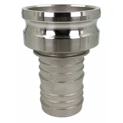 This Type E cam and groove adapter features a 4 in coupling size with a male hose shank connection. Constructed from 316 stainless steel, it is rated for a maximum working pressure of 100 psi at 70 °F. Suitable for use in industrial fluid transfer systems requiring corrosion resistance.