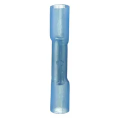 Heat shrink insulated butt splice connector for joining two wires in electrical systems. Rated 600V, accepts 16-14 AWG wire. Blue insulation provides environmental sealing against moisture and corrosion. Pack of 25.