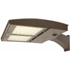 This LED outdoor light fixture produces 9,750 to 10,125 lumens at 75 W with a 5000K color temperature. It operates on 120 to 277V AC input and features a bronze finish. Suitable for area lighting applications such as streets, parking lots, and pathways, it supports multiple mounting options including arm, slipfitter, knuckle, surface, yoke, or trunnion.
