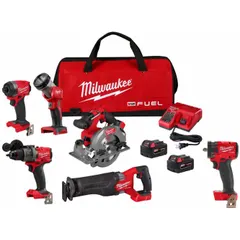 This 18 V DC cordless combination kit includes six tools powered by the M18™ battery system, with a reciprocating saw (model 2854-20) among them. Batteries are included for immediate use. Suitable for construction, renovation, and maintenance tasks requiring portable cutting, drilling, fastening, and sawing.