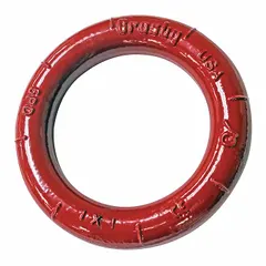 This forged circle master link is rated Grade 80 with a working load limit of 10,800 lb. It serves as a primary connector in rigging systems, distributing load evenly for overhead lifting applications.