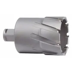 Carbide-tipped annular cutter with 2 in diameter and 2 in maximum cutting depth. Features a bright finish and Weldon Flat shank for secure mounting. Suitable for cutting tough materials in structural steel fabrication, shipbuilding, and heavy equipment maintenance.