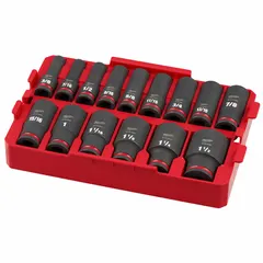 This 15-piece socket set includes 1/2 in drive, 6-point SAE deep sockets ranging from 3/8 in to 1-1/2 in. Features a friction retention mechanism for secure socket attachment. Suitable for heavy-duty fastening tasks in automotive, construction, and industrial maintenance applications.