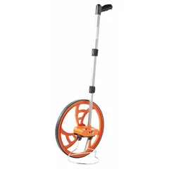 This mechanical measuring wheel from KESON features a fixed handle, spoked single wheel with rubber tread, and a pistol grip. It measures distances up to 9,999 ft in SAE units, with an aluminum frame and plastic components. No batteries required; not foldable. Suitable for outdoor distance measurement on uneven terrain.