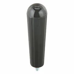 This long tapered knob with threaded stud is made of thermoset material. It has a 1.375 in diameter, 3/8"-16 thread size, and 9 mm thread length. Used for manual adjustment and clamping on industrial machinery, control panels, and fixtures.