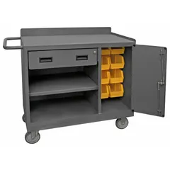 This fully assembled mobile cabinet bench provides a steel work surface with open storage, louvered panels, drawers, and shelves. It has a gray finish and a 1200 lb overall load capacity. A side handle facilitates movement. Suitable for industrial settings requiring mobile workspace and organized storage.