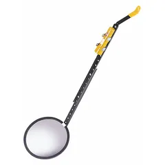 Round illuminated inspection mirror with a 12-inch diameter glass mirror and metal frame. Includes wheels for mobility. Used for visual inspection of hidden or hard-to-reach areas in industrial maintenance, quality control, and safety checks.