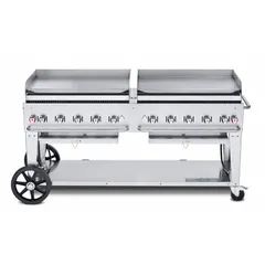 This wheeled griddle features 10 burners with a total heating capacity of 159,000 BtuH. It operates on a 20 lb propane tank and has an overall height of 43 1/4 inches. Suitable for outdoor cooking and catering events requiring high-volume food preparation.