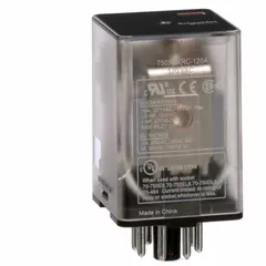 Plug-in relay with octal base and round pins, DPDT contact configuration, rated 10 A at 30V DC resistive load (UL). Coil voltage 120V AC. 8-pin terminal connection. Suitable for industrial control panels and automation systems requiring reliable switching.