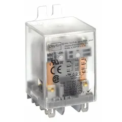 This Dayton relay features a DPDT contact configuration with a 12V DC coil. It has 8 pins/terminals and a plug-in terminal connection. The side flange mounting style allows secure installation in control panels, enclosures, or equipment racks for industrial automation and machine safety applications.