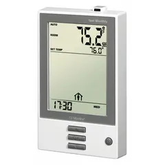 This push-button thermostat controls electric floor heating systems, operating on 120/240V AC with a temperature range of 41° to 104°F. It includes a floor sensor for accurate temperature monitoring, suitable for residential or commercial radiant heat management.
