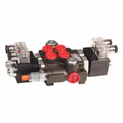 Three-position, four-way solenoid-operated directional control valve with outlet/work configuration. Rated for 21 gpm maximum flow and 12 V electrical operation. Used in hydraulic systems to direct fluid flow in mobile and industrial equipment.