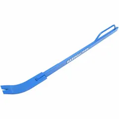 This 56-inch rolling-head pry bar features a claw end and a 1-inch bar width with one nail slot. Designed for heavy-duty prying and nail pulling in construction and demolition tasks, its long length provides leverage for lifting and separating materials.
