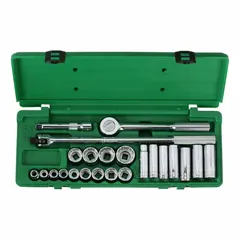 This 23-piece SAE socket set includes 12-point sockets from 7/16 in to 1 1/4 in, a 1/2 in drive fixed round head ratchet with friction ball retaining mechanism, and drive tools. Suitable for tightening and loosening SAE fasteners in automotive, industrial, and mechanical applications.