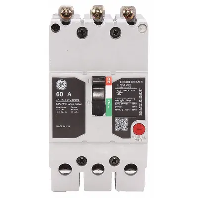 GE Molded Case Circuit Breaker: 60 A Amps, 25kA at 277/480V AC, Fixed, Lug - TEY-Frame GE Molded Case Circuit Breakers