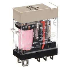 This OMRON G2RS Series relay is a plug-in, socket-mounted device with a square base and flat pin shape. It features a 24V AC coil, SPDT contact configuration, 10A current rating, and 5 quick-connect terminals. Suitable for general-purpose switching in industrial control panels, HVAC systems, and automation equipment.