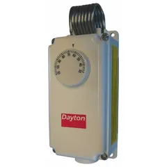 This weatherproof single-stage control features a plastic enclosure and a hydraulic air coil sensor. It provides SPDT open/close on rise switching for line-voltage heating or cooling applications. Typical uses include temperature regulation in warehouses, greenhouses, and equipment enclosures.