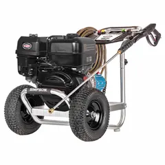 Cart-mounted cold water pressure washer delivering 4,400 psi at 4 gpm. Powered by a 420 cc engine, suitable for medium-duty cleaning of driveways, patios, equipment, and building exteriors.