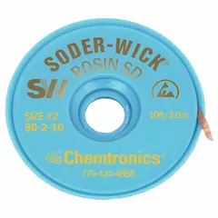 Rosin flux desoldering braid for removing solder from electronic assemblies during rework or repair. Features a #2 size, 0.06-inch width, 10-foot length, yellow color, ESD-Safe construction, and ROL0 flux classification. Suitable for PCB rework in manufacturing, prototyping, and field service.