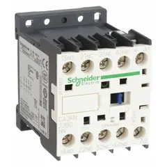 DIN-rail and surface-mount control relay with 24V DC coil voltage, 2 normally open and 2 normally closed contacts rated at 10 A. Suitable for logic and interlocking circuits in industrial automation and motor control panels.