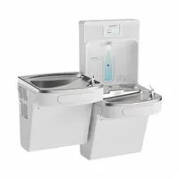 This on-wall two-level drinking fountain with bottle filler features a stainless steel housing in an Arctic White finish. It provides a chilling capacity of 8 gph at 50°F and includes bottom panel access for filter maintenance. Suitable for commercial and institutional settings where two-level drinking access and bottle filling are needed