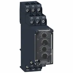 DIN-rail mounted time delay relay with an input voltage range of 24 to 240V AC/DC. Features On/Off Delay function and a DC contact rating of 8 A at 24V. Equipped with 6 pins/terminals. Suitable for industrial control applications requiring timing functions, such as sequencing operations or delaying start/stop signals in automation systems.