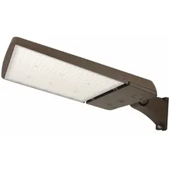 LED street and parking lot light fixture delivering 43,703 lumens at 300 watts. Features selectable color temperature (3000K/4000K/5000K) and supports pole, slipfitter, knuckle, or surface mounting. Bronze finish. Suitable for outdoor area lighting such as roadways, parking lots, and security perimeters.