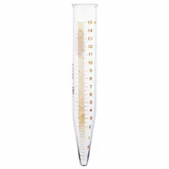 This KIMBLE glass centrifuge tube has a 15 mL capacity, 17 mm body diameter, and 118 mm overall height. It features a conical bottom for efficient pellet collection and is graduated for volume measurement. The tube is colorless and does not include a closure. Suitable for general laboratory centrifugation and separation processes.