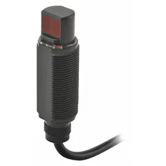 M18 threaded cylindrical photoelectric sensor with built-in 4-pin M12 connector. Operates on 10-30V DC supply with NPN output. Suitable for object detection in industrial automation, including presence sensing, positioning, and counting on conveyor lines or packaging machinery.