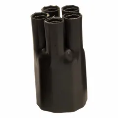 Black heat shrink breakout boots, 10 per pack. 3.14 in inside diameter before shrinking, 6.9 in length. Used to seal and protect cable splices and terminations in electrical systems, providing environmental sealing against moisture, dust, and mechanical stress.