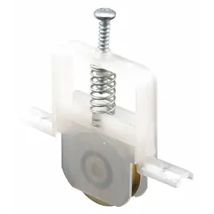 This white, unfinished roller assembly is designed for sliding screen doors. It features a single roller (1 PR) and measures 6 13/32 inches in both overall height and length. Suitable for residential and light-commercial entryway applications.