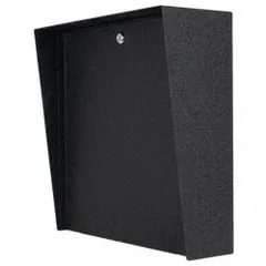 Black powder-coated carbon steel cover housing for gate operator access control devices. 16-inch overall height with EPDM rubber seal for weather protection. Suitable for enclosing keypads, card readers, or intercoms in outdoor entry systems.
