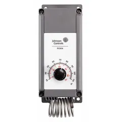 Plastic-enclosed line-voltage mechanical thermostat with hydraulic air coil sensor. SPDT switch with open/close on rise action. Temperature range 30° to 110°F, differential 3° to 12°F. For heat or cool control in HVAC systems.