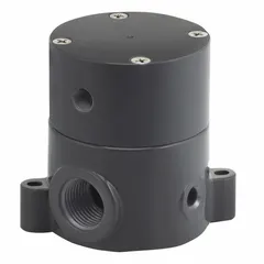 This 3-way diaphragm valve has a PVC body with FNPT x FNPT connections and a PTFE diaphragm. It is pneumatically actuated with single-acting spring return (air-to-spring) operation. Designed for handling corrosive chemicals in industrial piping systems requiring flow diversion or isolation.