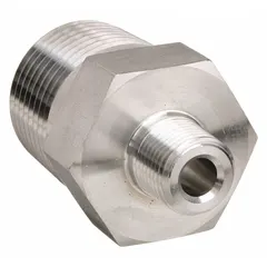 Straight pipe fitting for extreme pressure instrumentation systems. Constructed from 316 stainless steel with a 1/2 in x 1/8 in fitting pipe size. Rated for maximum operating pressure of 6600 psi. Overall length of 1 33/64 in. Used in high-pressure hydraulic and pneumatic tubing connections.