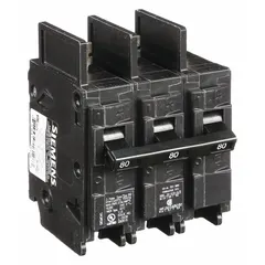 The SIEMENS BQ3B080 is a 3-pole, 80 A miniature circuit breaker rated for 240V AC. It is a bolt-on type from the BQ Series, providing overcurrent protection in electrical distribution systems. Suitable for use in panelboards, it protects branch circuits from overloads and short circuits.