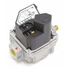 Gas valve for gas-fired heating equipment. Controls gas flow to burner for combustion. Used in unit heaters and rooftop furnaces.
