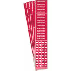 Red adhesive pipe marker with white legend reading 'Breathing Air' and directional arrows. Fits pipe O.D. 3/4 in and smaller. Supplied in a 5-pack containing 3 markers. Used to identify breathing air lines in industrial piping systems.