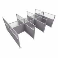 This modular cubicle wall system from VERSARE has an overall width of 48 inches and height of 72 inches. It includes 9 fabric panels in Cloud Gray with frosted windows, suitable for creating partitioned workspaces in open-plan offices or collaborative environments