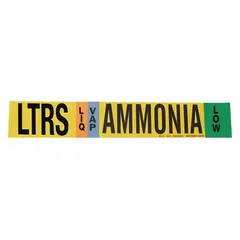 Ammonia adhesive pipe marker for low-pressure LIQ/VAP systems. Fits pipe O.D. 2-1/2 to 7-7/8 in. Supplied without arrows. One marker per pack. Used to identify ammonia piping in industrial refrigeration plants.