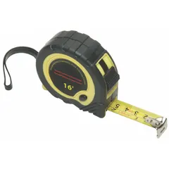 This 16 ft tape measure features SAE inch markings with 1/16 in graduations. It has a nonmagnetic single hook tip, manual lock, and a black plastic body with rubberized grip. Suitable for general measuring tasks in environments where magnetic interference must be avoided.