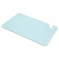 This blue co-polymer cutting board measures 18 inches in length and 12 inches in width. It is NSF Certified for use in commercial food preparation environments. The non-porous surface resists knife scarring and is suitable for direct food contact.