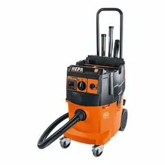 This corded dry/wet dust extractor features HEPA filtration for capturing fine particulates. It has a 9 1/5 gallon plastic tank, 151 cfm air flow, and a 1 3/8 inch hose diameter. Suitable for dust collection during sanding, cutting, drilling, and other construction or renovation tasks.