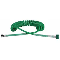 Single-coil oxygen hose with 1/4 in diameter, green coiled design, and brass fittings. Features a female DISS outlet connection for oxygen. Compatible with blender machines for gas blending applications