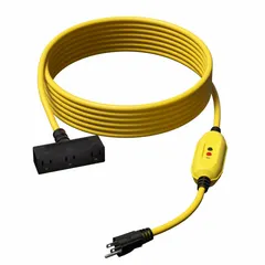 This 51-foot inline GFCI cord features 12/3 gauge SJTW construction with a NEMA 5-15P plug and 5-15R receptacle. Rated 15 A at 125V AC, it provides ground-fault protection for power tools and equipment in wet or damp locations. The auto reset function restores power after a fault is cleared, suitable for temporary power distribution on job sites and industrial settings.