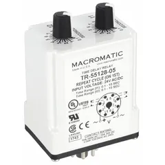 Socket-mounted time delay relay with single-function timing, rated for 24V AC/DC coil voltage and 10 A contacts. Features 8 pins/terminals for plug-in installation. Used in industrial control panels for timing and sequencing operations such as motor start/stop delays, conveyor sequencing, and HVAC system timing.